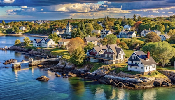 Der Küstenort Kennebunkport mit hellen Holzhäusern und Kirchturm auf einer felsigen Landzunge